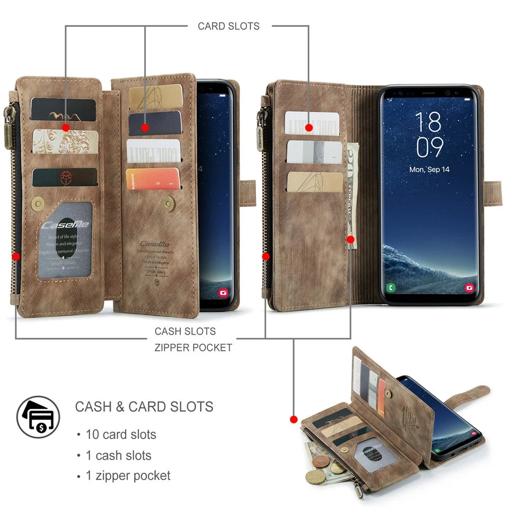 For Samsung Galaxy S8+ Phone Cases with Strap CASEME C30 Zipper Multiple Card Holder PU Leather Cover - Brown - 7