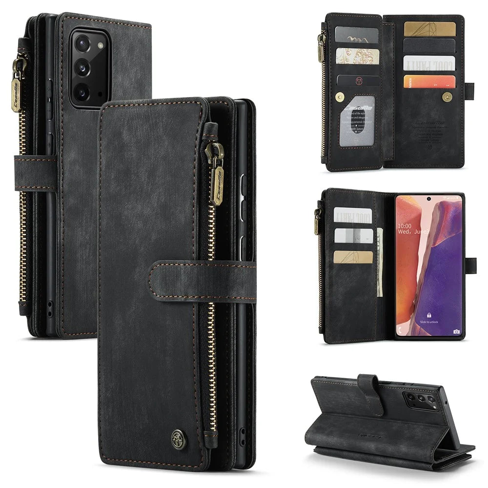 For Samsung Galaxy Note20 / Note20 5G Phone Cases with Strap CASEME C30 Zipper Multiple Card Holder PU Leather Cover - Black - 1