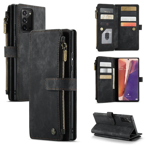 For Samsung Galaxy Note20 / Note20 5G Phone Cases with Strap CASEME C30 Zipper Multiple Card Holder PU Leather Cover - Black - 1