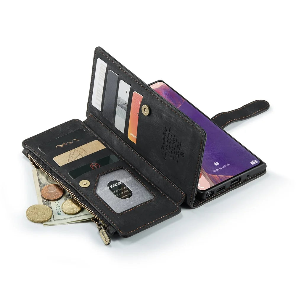 For Samsung Galaxy Note20 / Note20 5G Phone Cases with Strap CASEME C30 Zipper Multiple Card Holder PU Leather Cover - Black - 3