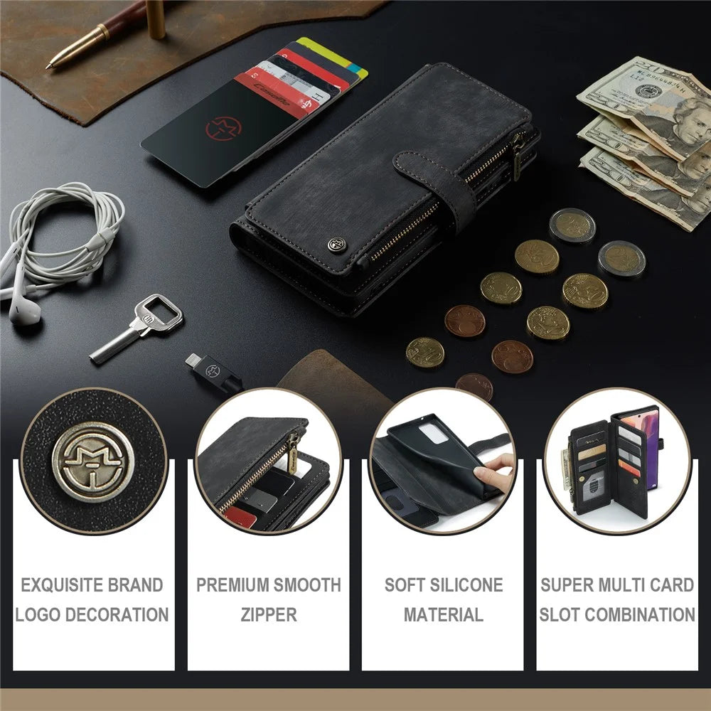For Samsung Galaxy Note20 / Note20 5G Phone Cases with Strap CASEME C30 Zipper Multiple Card Holder PU Leather Cover - Black - 7