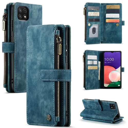 For Samsung Galaxy A22 5G (EU) Phone Cases with Strap CASEME C30 Zipper Multiple Card Holder PU Leather Cover - Blue - 1