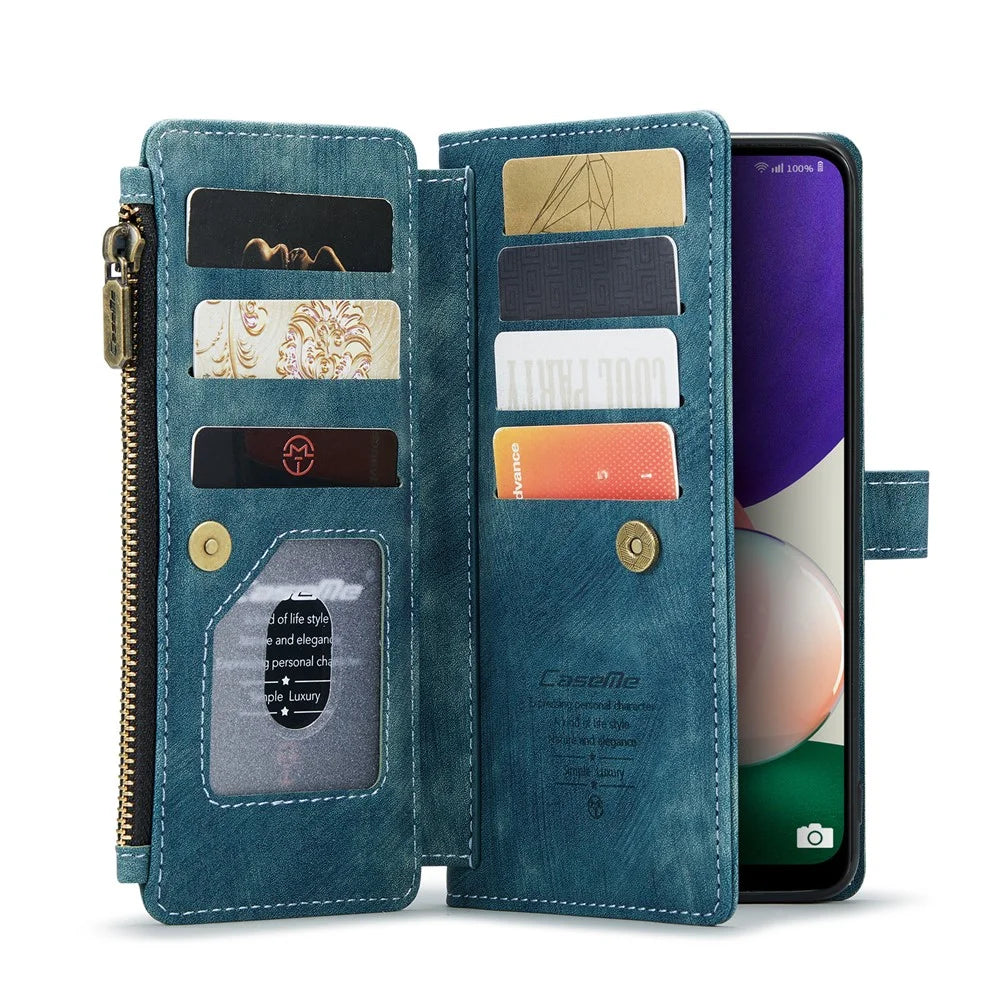 For Samsung Galaxy A22 5G (EU) Phone Cases with Strap CASEME C30 Zipper Multiple Card Holder PU Leather Cover - Blue - 2