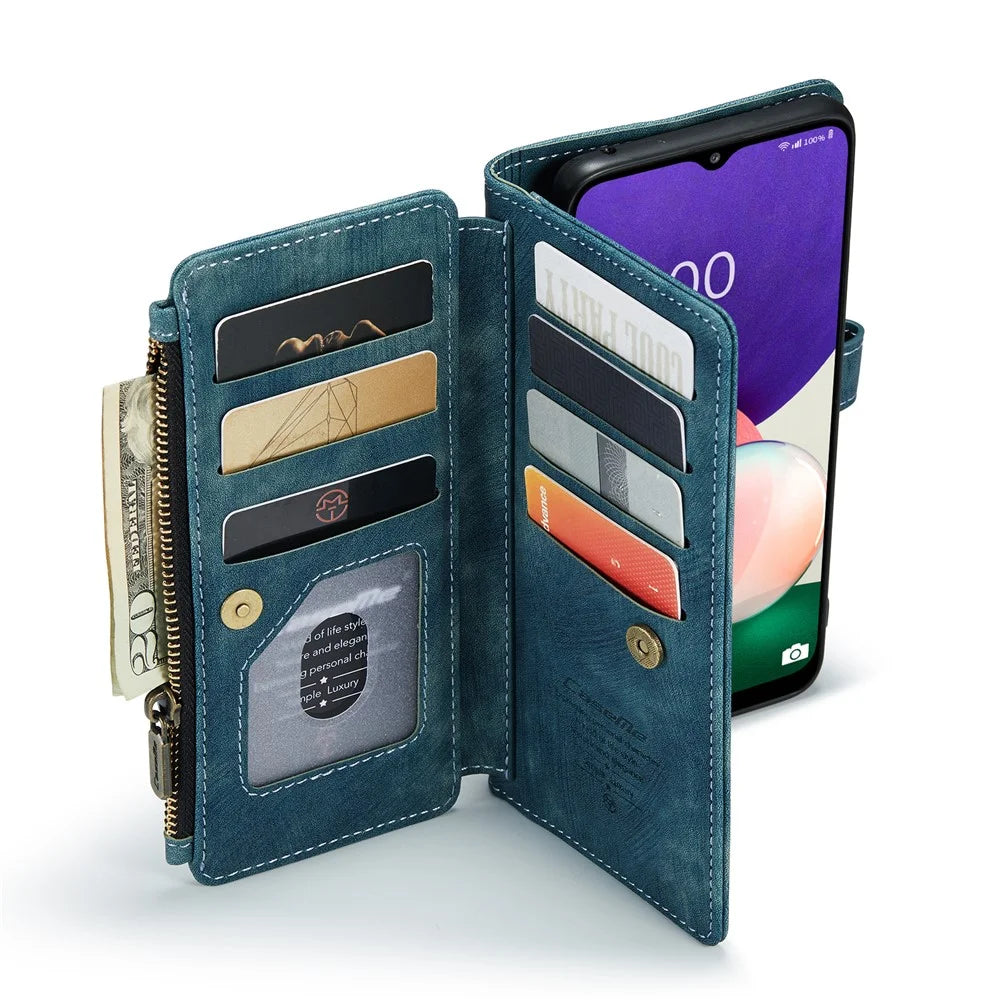 For Samsung Galaxy A22 5G (EU) Phone Cases with Strap CASEME C30 Zipper Multiple Card Holder PU Leather Cover - Blue - 3
