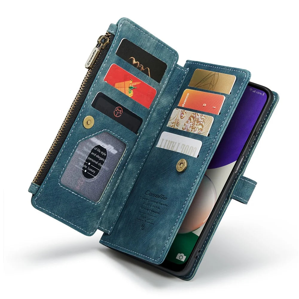 For Samsung Galaxy A22 5G (EU) Phone Cases with Strap CASEME C30 Zipper Multiple Card Holder PU Leather Cover - Blue - 5