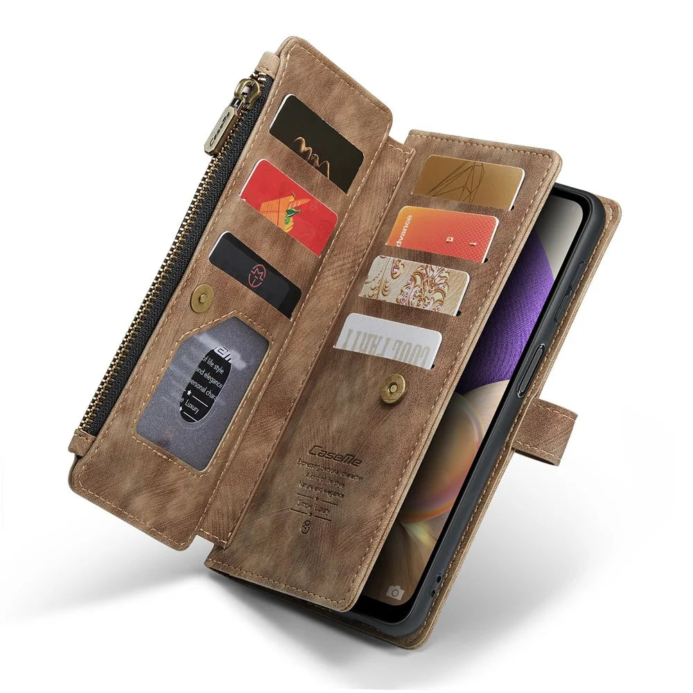 For Samsung Galaxy A32 5G / M32 5G Phone Cases with Strap CASEME C30 Zipper Multiple Card Holder PU Leather Cover - Brown - 5