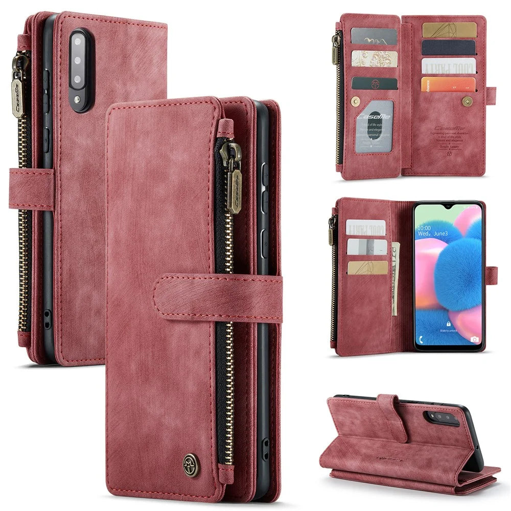 For Samsung Galaxy A30s / A50 / A50s Phone Cases with Strap CASEME C30 Zipper Multiple Card Holder PU Leather Cover - Red - 1