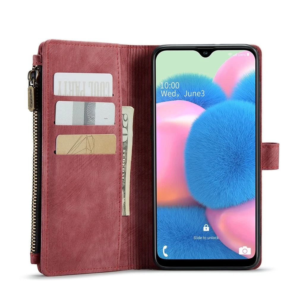 For Samsung Galaxy A30s / A50 / A50s Phone Cases with Strap CASEME C30 Zipper Multiple Card Holder PU Leather Cover - Red - 2