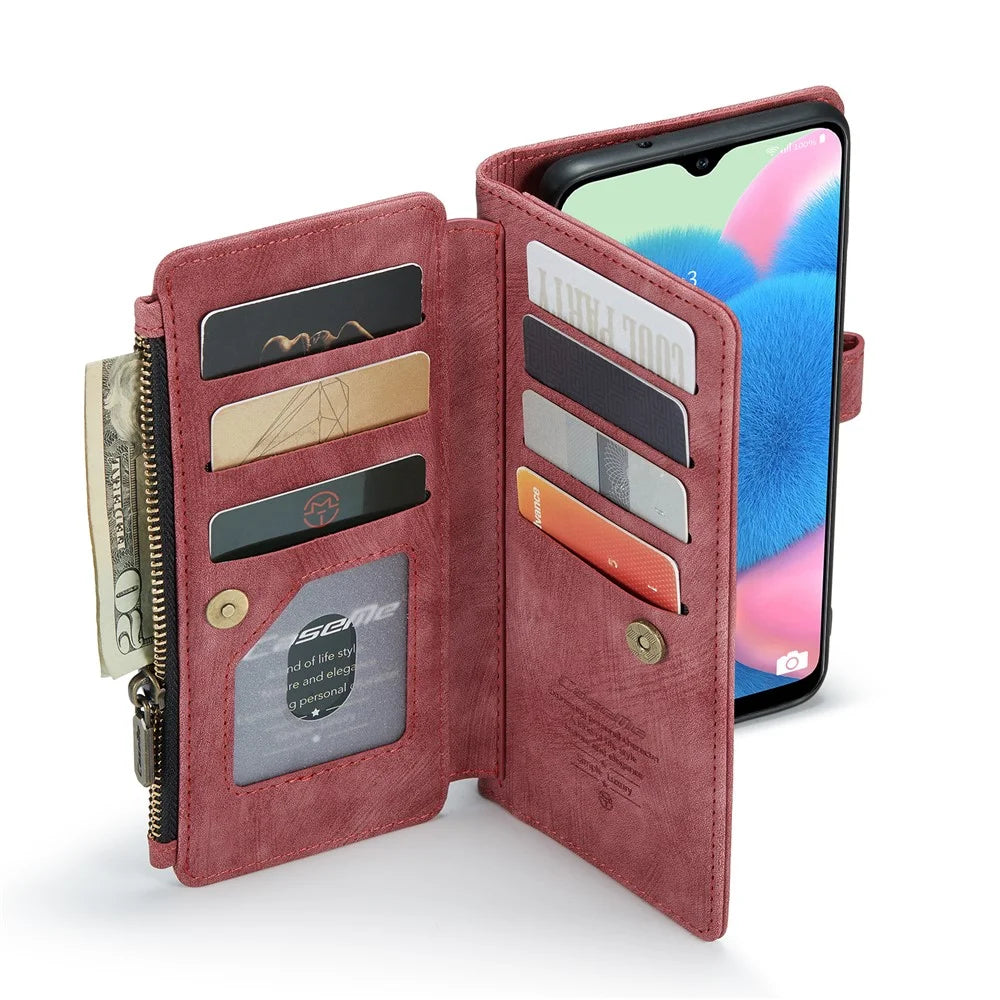 For Samsung Galaxy A30s / A50 / A50s Phone Cases with Strap CASEME C30 Zipper Multiple Card Holder PU Leather Cover - Red - 3