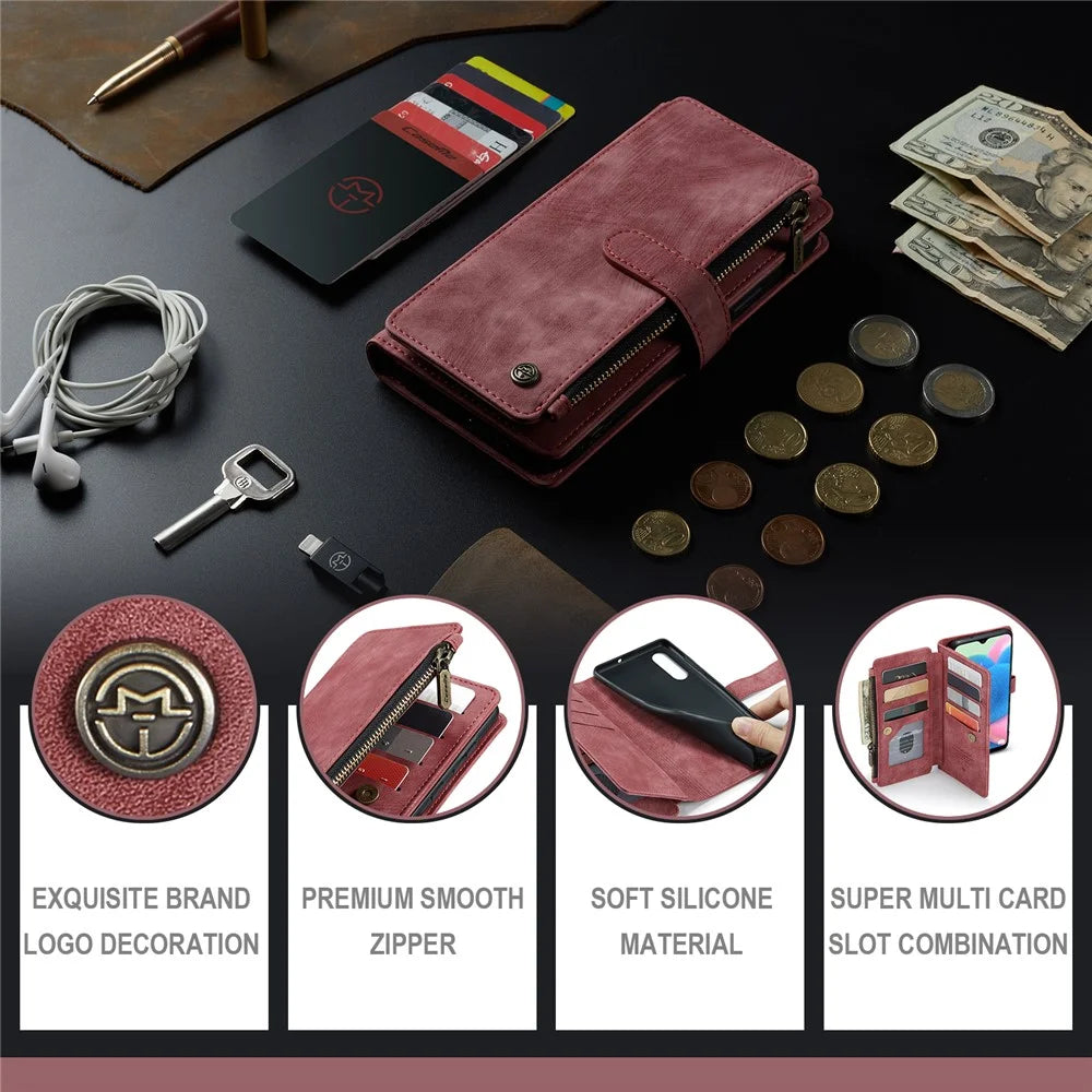 For Samsung Galaxy A30s / A50 / A50s Phone Cases with Strap CASEME C30 Zipper Multiple Card Holder PU Leather Cover - Red - 7
