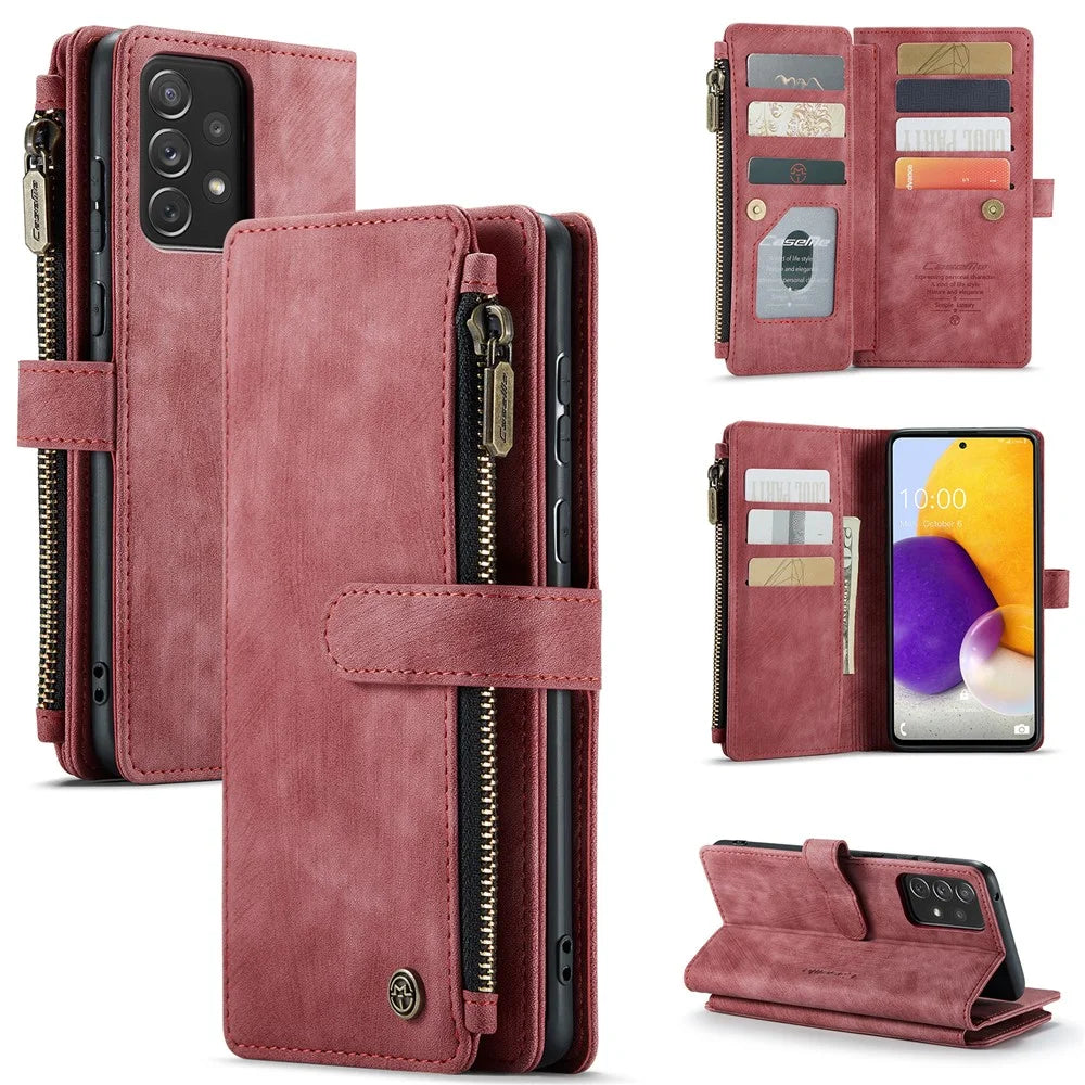 For Samsung Galaxy A13 4G Phone Cases with Strap CASEME C30 Zipper Multiple Card Holder PU Leather Cover - Red - 1