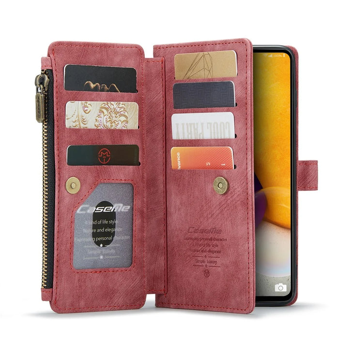 For Samsung Galaxy A13 4G Phone Cases with Strap CASEME C30 Zipper Multiple Card Holder PU Leather Cover - Red - 2