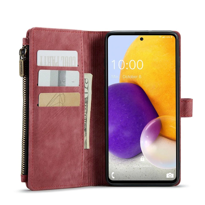 For Samsung Galaxy A13 4G Phone Cases with Strap CASEME C30 Zipper Multiple Card Holder PU Leather Cover - Red - 3