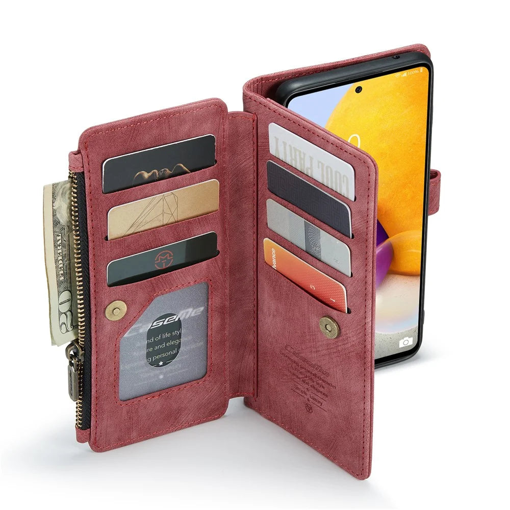 For Samsung Galaxy A13 4G Phone Cases with Strap CASEME C30 Zipper Multiple Card Holder PU Leather Cover - Red - 4