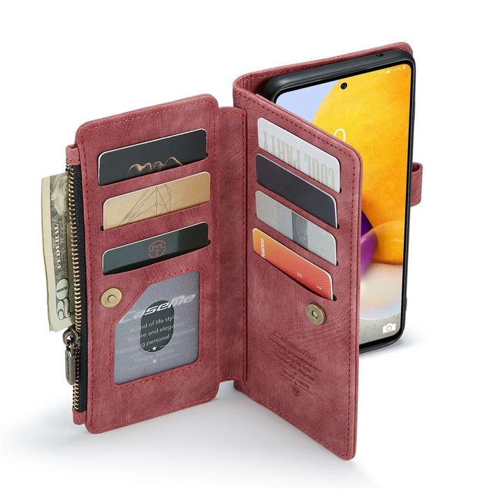 For Samsung Galaxy A13 4G Phone Cases with Strap CASEME C30 Zipper Multiple Card Holder PU Leather Cover - Red - 4