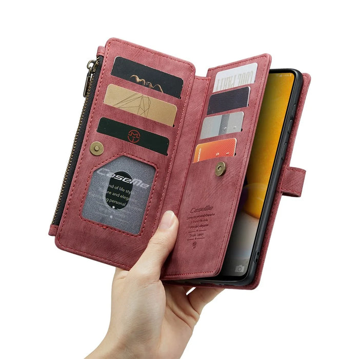 For Samsung Galaxy A13 4G Phone Cases with Strap CASEME C30 Zipper Multiple Card Holder PU Leather Cover - Red - 5