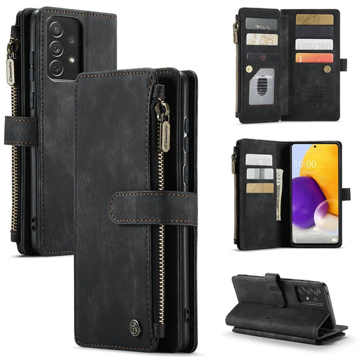 For Samsung Galaxy A72 4G / 5G Phone Cases with Strap CASEME C30 Zipper Multiple Card Holder PU Leather Cover - Black - 1