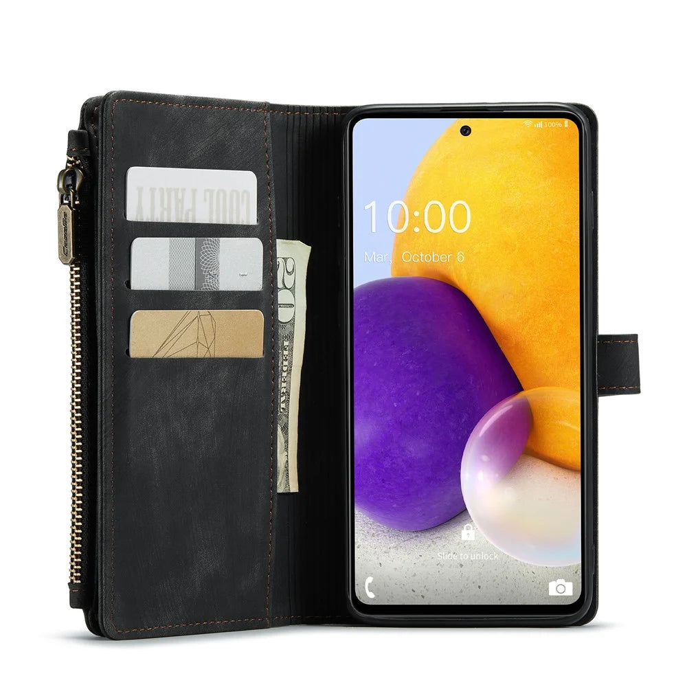 For Samsung Galaxy A72 4G / 5G Phone Cases with Strap CASEME C30 Zipper Multiple Card Holder PU Leather Cover - Black - 3