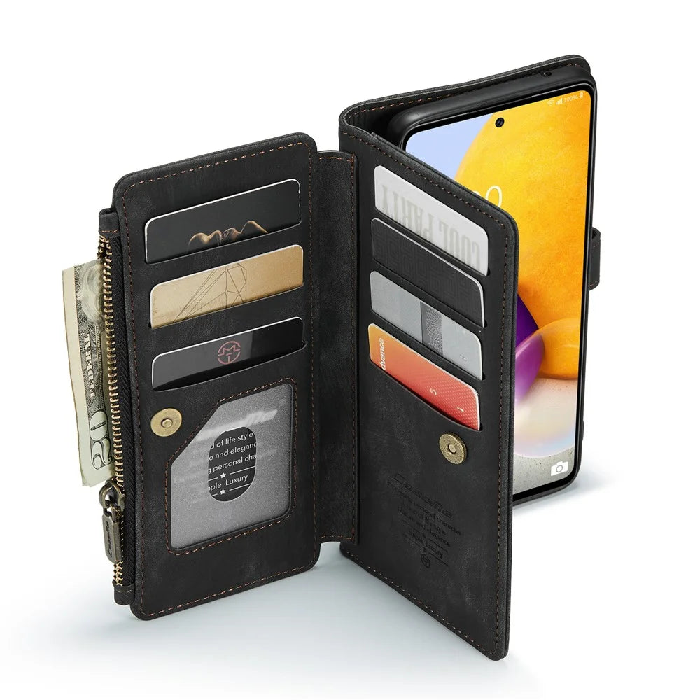 For Samsung Galaxy A72 4G / 5G Phone Cases with Strap CASEME C30 Zipper Multiple Card Holder PU Leather Cover - Black - 4