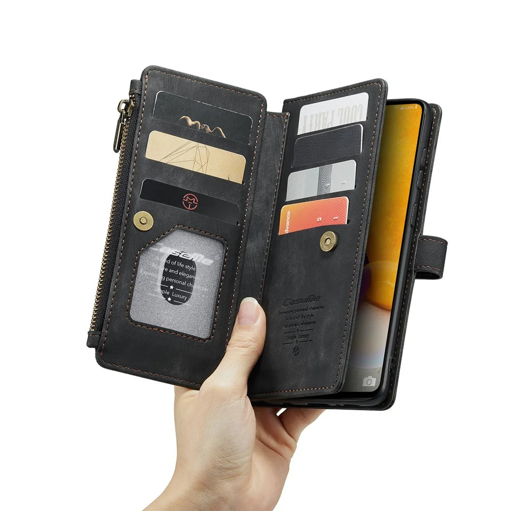 For Samsung Galaxy A72 4G / 5G Phone Cases with Strap CASEME C30 Zipper Multiple Card Holder PU Leather Cover - Black - 5