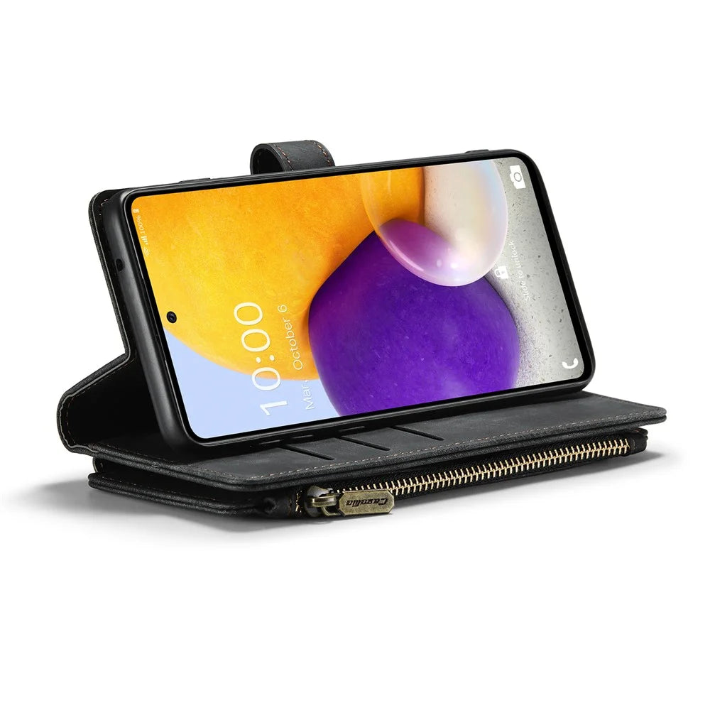 For Samsung Galaxy A72 4G / 5G Phone Cases with Strap CASEME C30 Zipper Multiple Card Holder PU Leather Cover - Black - 6