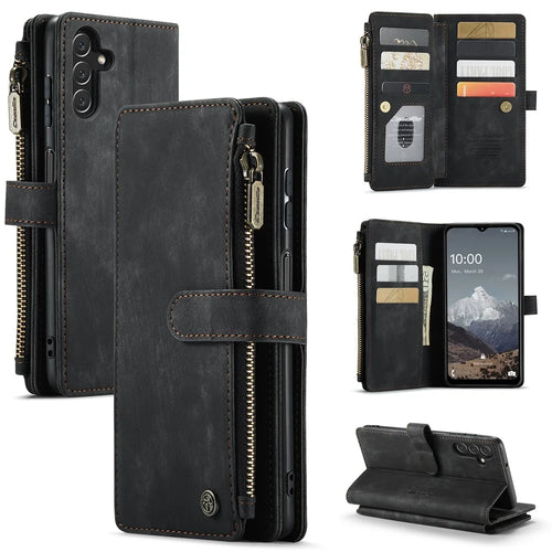 For Samsung Galaxy A13 5G / A04s 4G (164.7mm) Phone Cases with Strap CASEME C30 Zipper Multiple Card Holder PU Leather Cover - Black - 1