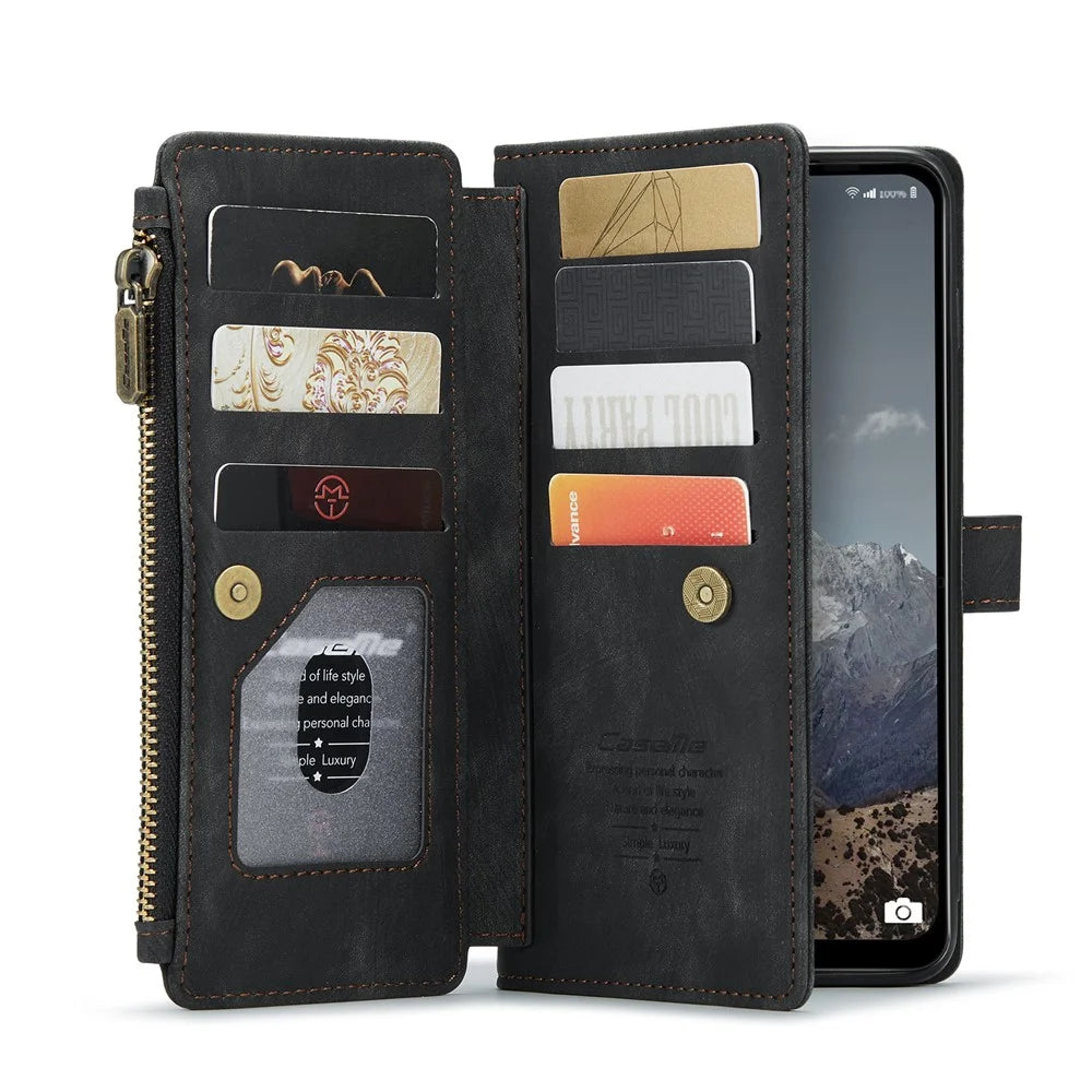 For Samsung Galaxy A13 5G / A04s 4G (164.7mm) Phone Cases with Strap CASEME C30 Zipper Multiple Card Holder PU Leather Cover - Black - 2