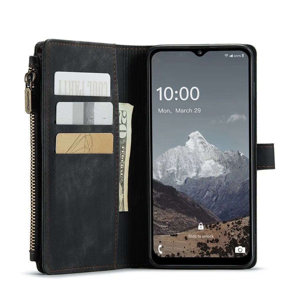 For Samsung Galaxy A13 5G / A04s 4G (164.7mm) Phone Cases with Strap CASEME C30 Zipper Multiple Card Holder PU Leather Cover - Black - 3