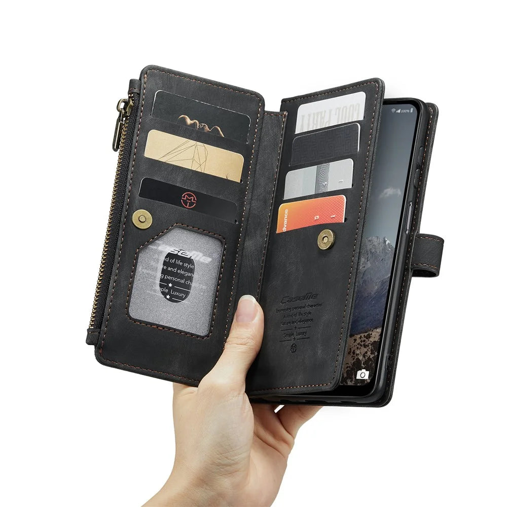 For Samsung Galaxy A13 5G / A04s 4G (164.7mm) Phone Cases with Strap CASEME C30 Zipper Multiple Card Holder PU Leather Cover - Black - 5