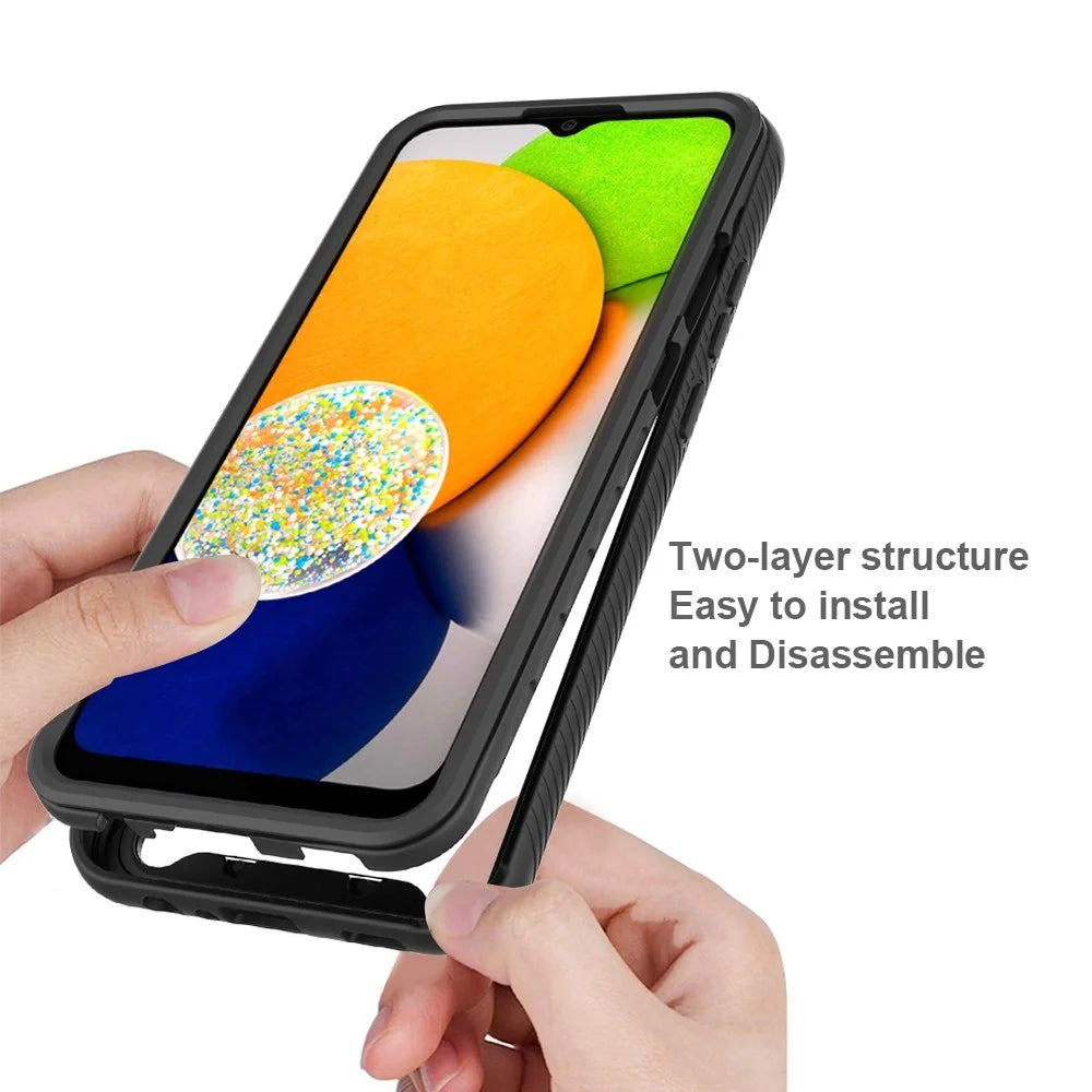 3-in-1 Hybrid Phone Case for Samsung Galaxy A03 (166.5mm), Shock-Absorbed 3-Layer Protection Phone Cover with PET Screen Protector - Black - 2