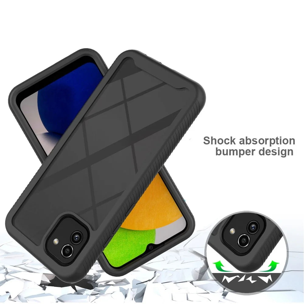 3-in-1 Hybrid Phone Case for Samsung Galaxy A03 (166.5mm), Shock-Absorbed 3-Layer Protection Phone Cover with PET Screen Protector - Black - 3