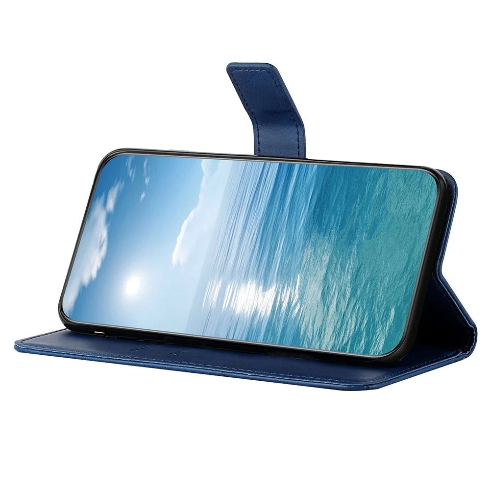 Solid Color Line Imprinting PU Leather Phone Shell for Samsung Galaxy A13 4G, Folio Flip Wallet Foldable Stand Design Phone Case - Blue - 2