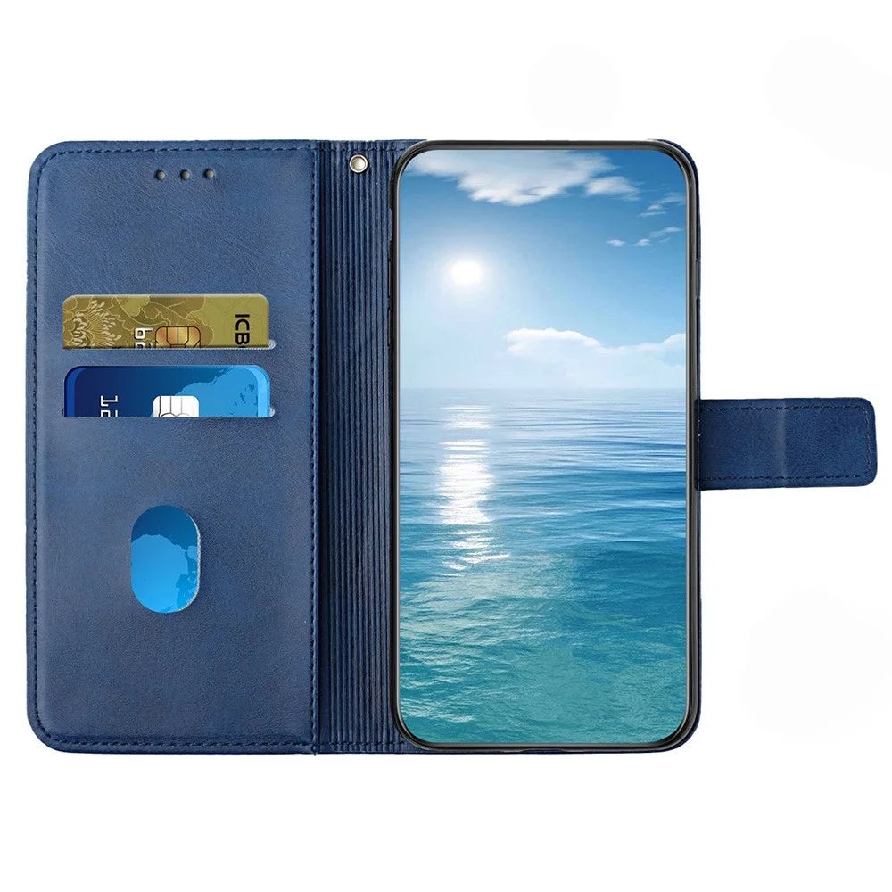 Solid Color Line Imprinting PU Leather Phone Shell for Samsung Galaxy A13 4G, Folio Flip Wallet Foldable Stand Design Phone Case - Blue - 3