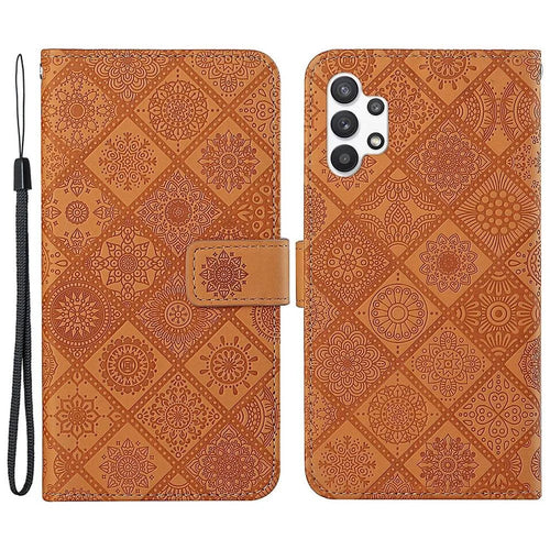 Flower Imprinted PU Leather Case for Samsung Galaxy A13 4G, Ethnic Style Leather Wallet Stand Phone Shell with Strap Magnetic Clasp Closure - Brown - 1
