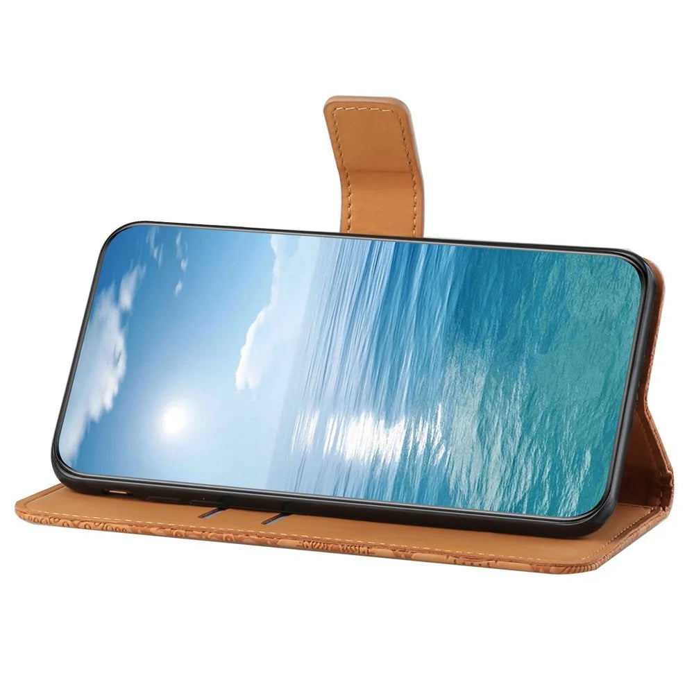 Flower Imprinted PU Leather Case for Samsung Galaxy A13 4G, Ethnic Style Leather Wallet Stand Phone Shell with Strap Magnetic Clasp Closure - Brown - 3