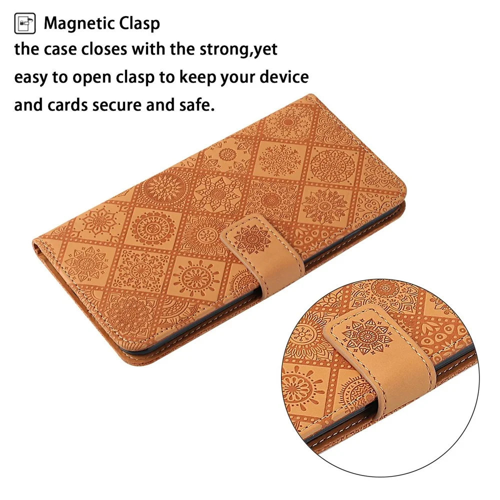 Flower Imprinted PU Leather Case for Samsung Galaxy A13 4G, Ethnic Style Leather Wallet Stand Phone Shell with Strap Magnetic Clasp Closure - Brown - 4