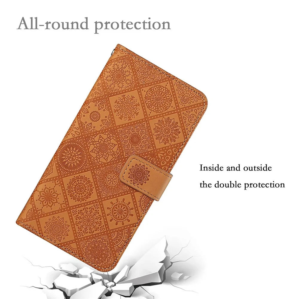 Flower Imprinted PU Leather Case for Samsung Galaxy A13 4G, Ethnic Style Leather Wallet Stand Phone Shell with Strap Magnetic Clasp Closure - Brown - 5