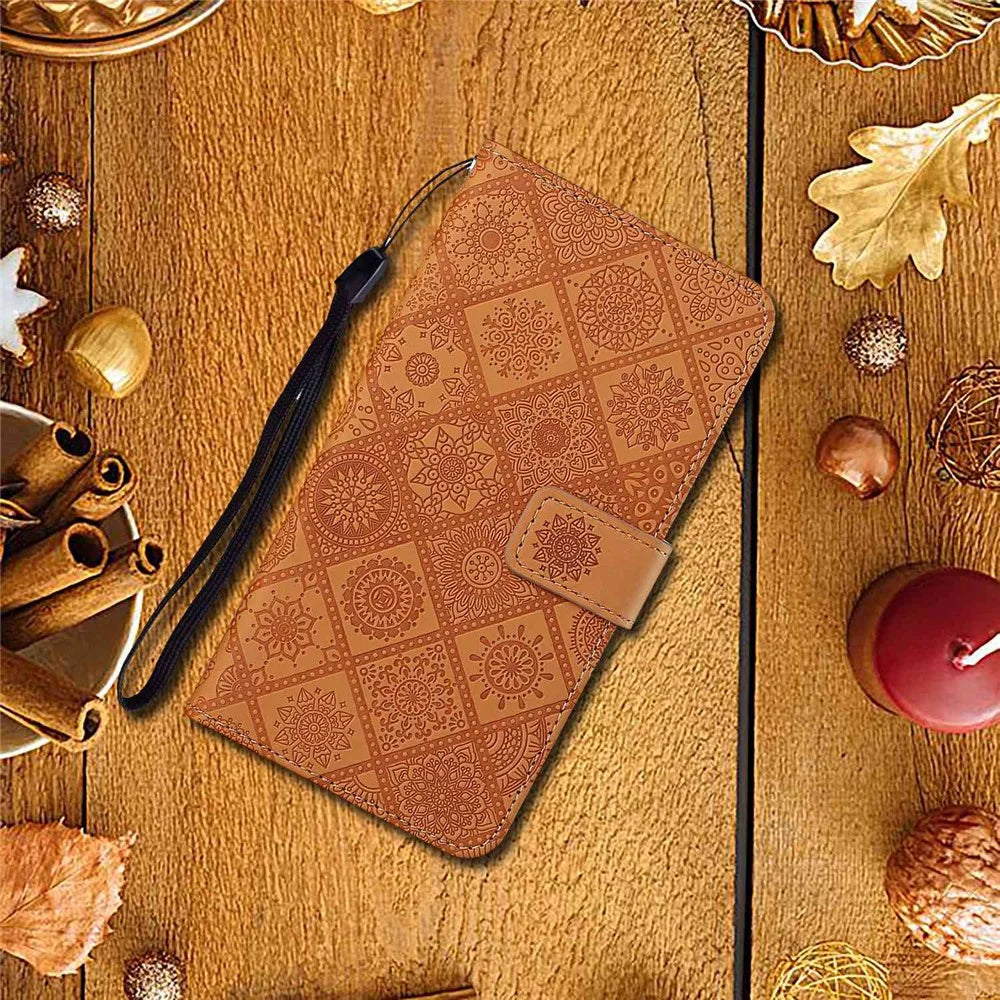 Flower Imprinted PU Leather Case for Samsung Galaxy A13 4G, Ethnic Style Leather Wallet Stand Phone Shell with Strap Magnetic Clasp Closure - Brown - 6