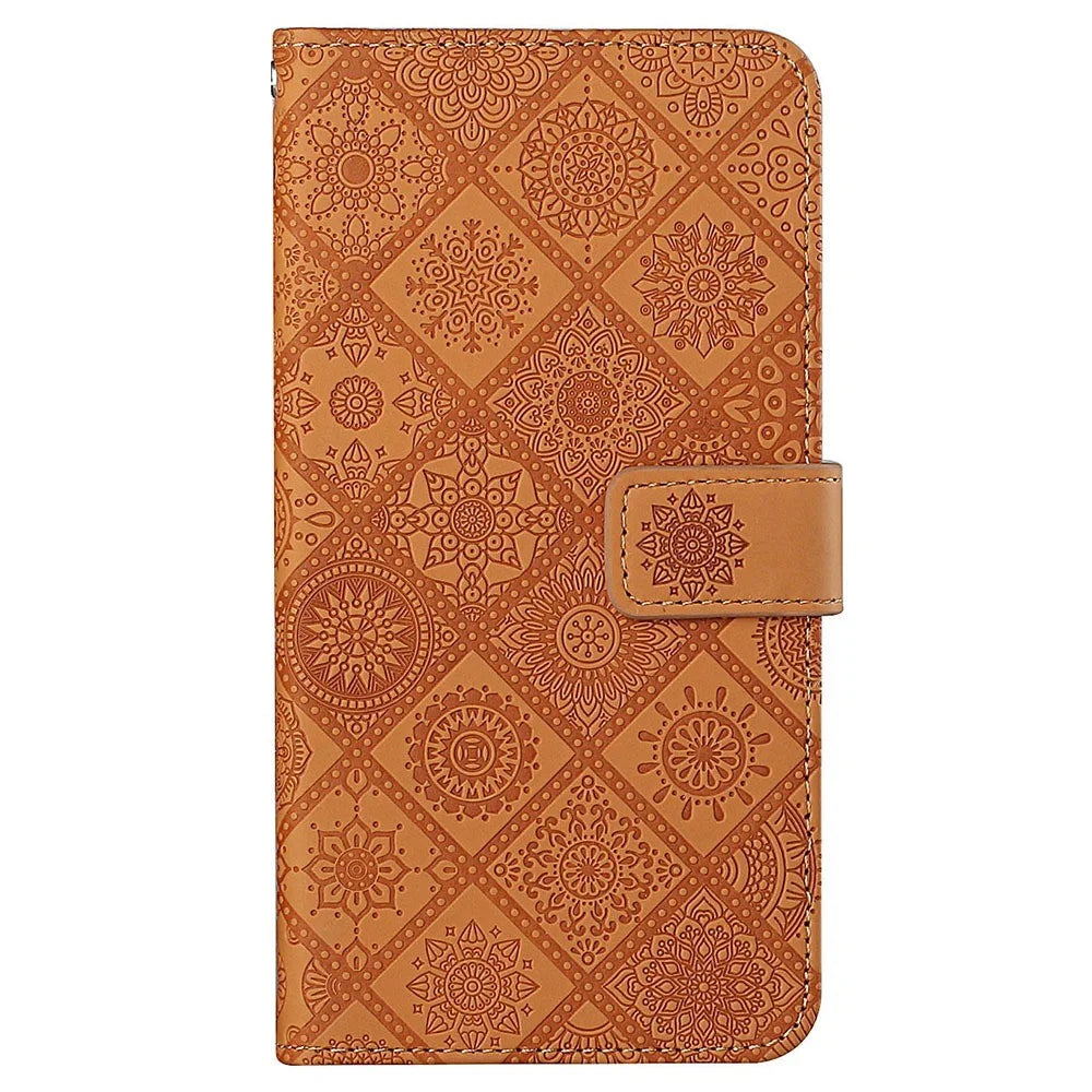 Flower Imprinted PU Leather Case for Samsung Galaxy A13 4G, Ethnic Style Leather Wallet Stand Phone Shell with Strap Magnetic Clasp Closure - Brown - 7