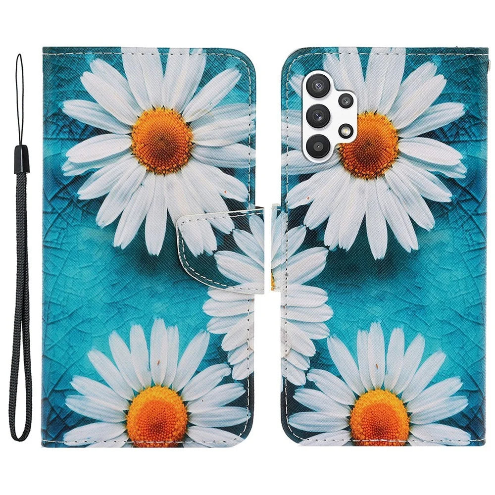 Pattern-Printing Cross Texture PU Leather Case for Samsung Galaxy A13 4G, Full Coverage Folio Flip Wallet Leather Stand Phone Shell + Strap - Daisy - 1