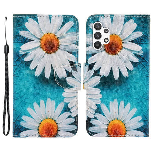Pattern-Printing Cross Texture PU Leather Case for Samsung Galaxy A13 4G, Full Coverage Folio Flip Wallet Leather Stand Phone Shell + Strap - Daisy - 1