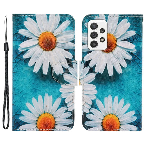 Pattern-Printing Cross Texture PU Leather Case for Samsung Galaxy A23 5G (Global Version) / 4G, Drop-Resistant Complete Covering Leather Wallet Stand Phone Shell + Strap - Daisy - 1