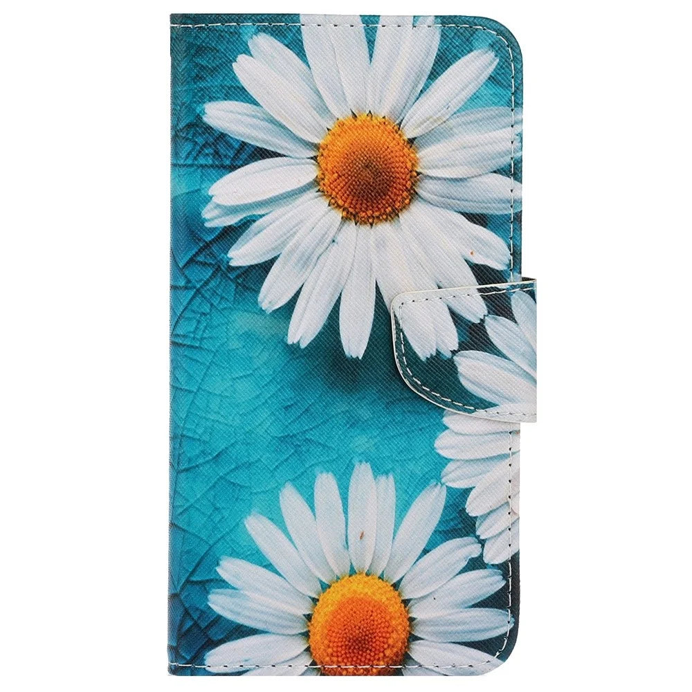 Pattern-Printing Cross Texture PU Leather Case for Samsung Galaxy A23 5G (Global Version) / 4G, Drop-Resistant Complete Covering Leather Wallet Stand Phone Shell + Strap - Daisy - 7