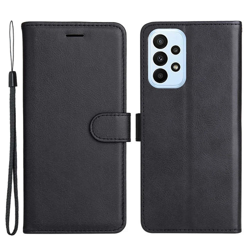 For Samsung Galaxy A23 5G (Global Version) / 4G Case Solid Color Leather Mobile Cover Wallet Stand with Strap - Black - 1