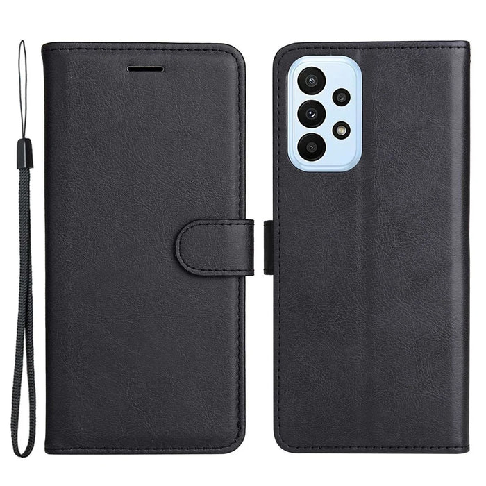 For Samsung Galaxy A23 5G (Global Version) / 4G Case Solid Color Leather Mobile Cover Wallet Stand with Strap - Black - 1