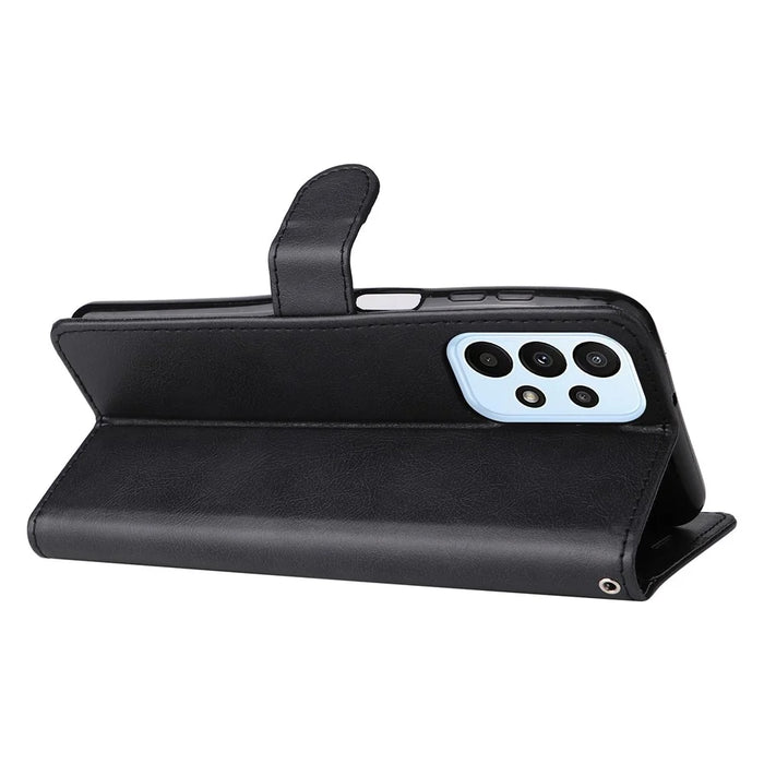 For Samsung Galaxy A23 5G (Global Version) / 4G Case Solid Color Leather Mobile Cover Wallet Stand with Strap - Black - 3