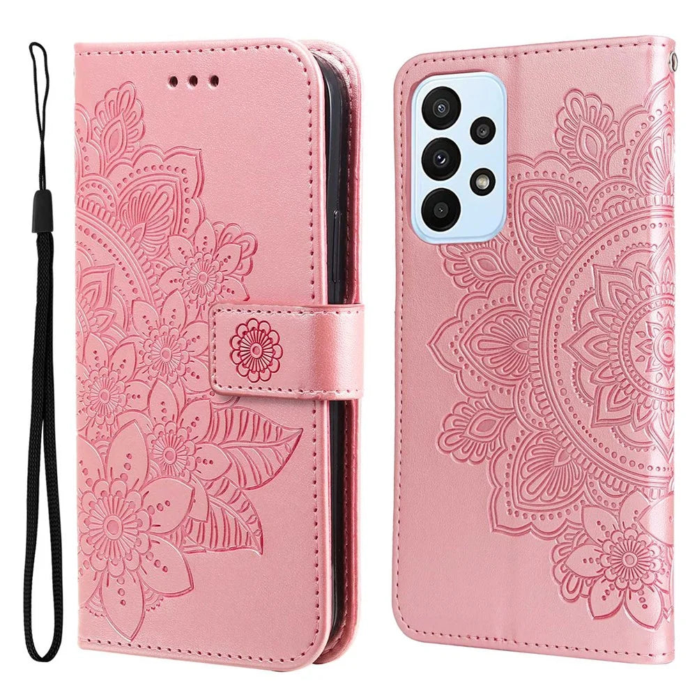 For Samsung Galaxy A23 5G (Global Version) / 4G / M23 5G / F23 5G Scratch-resistant Flower Imprinting Wallet Style Case Leather Stand Dual-sided Magnetic Clasp Phone Cover - Rose Gold - 1