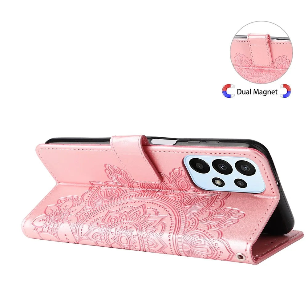 For Samsung Galaxy A23 5G (Global Version) / 4G / M23 5G / F23 5G Scratch-resistant Flower Imprinting Wallet Style Case Leather Stand Dual-sided Magnetic Clasp Phone Cover - Rose Gold - 4