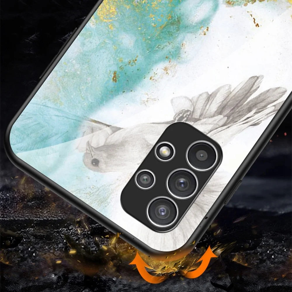 For Samsung Galaxy A23 5G (Global Version) / 4G Smooth Touch Marble Pattern Tempered Glass + PC + TPU Anti-fingerprint Phone Cover Case - Black Marble - 5