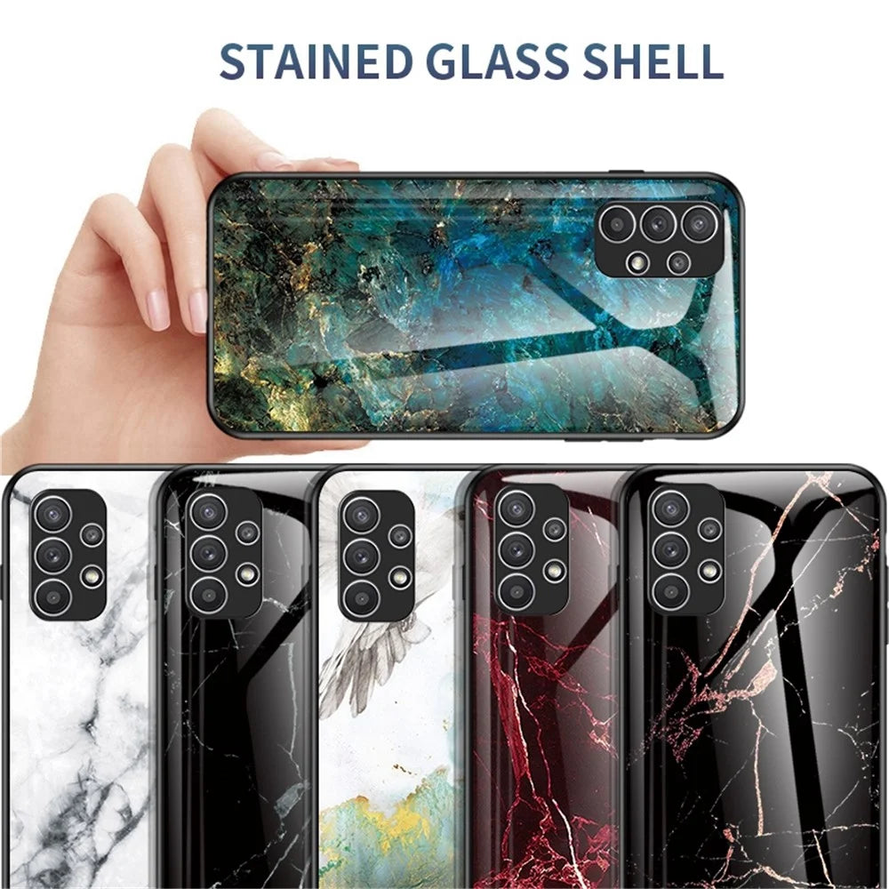 For Samsung Galaxy A23 5G (Global Version) / 4G Smooth Touch Marble Pattern Tempered Glass + PC + TPU Anti-fingerprint Phone Cover Case - Black Marble - 6
